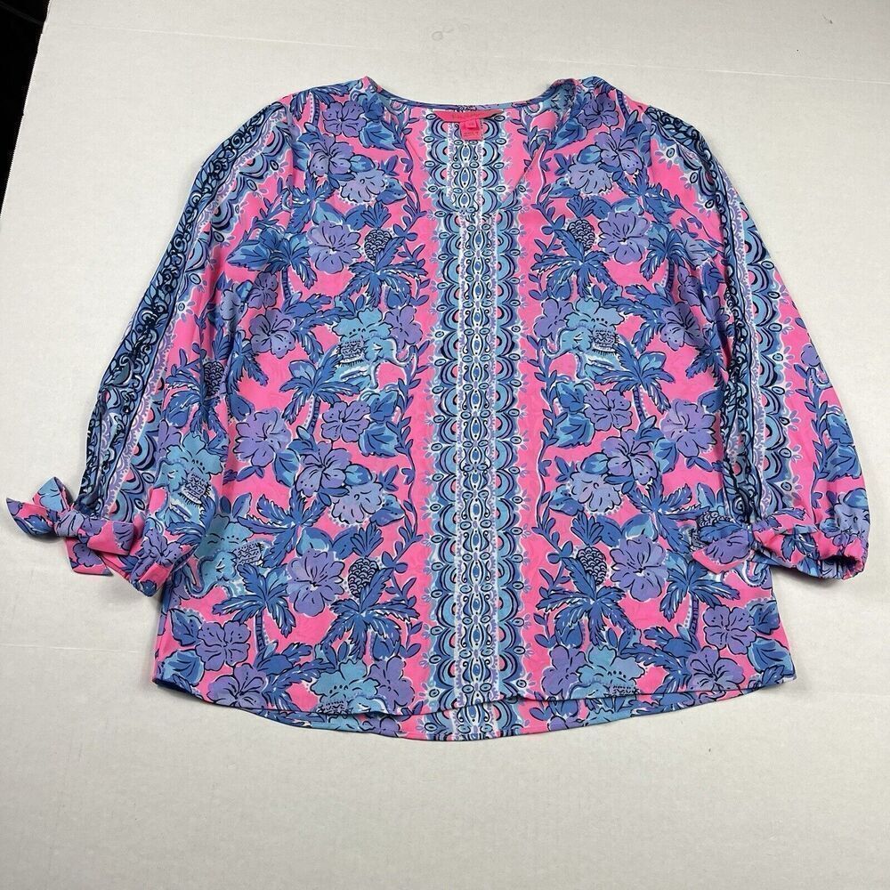 Lilly Pulitzer Pamala Lileeze Blouse Floral Bold Print 3/4 Sleeve Resort Top XS